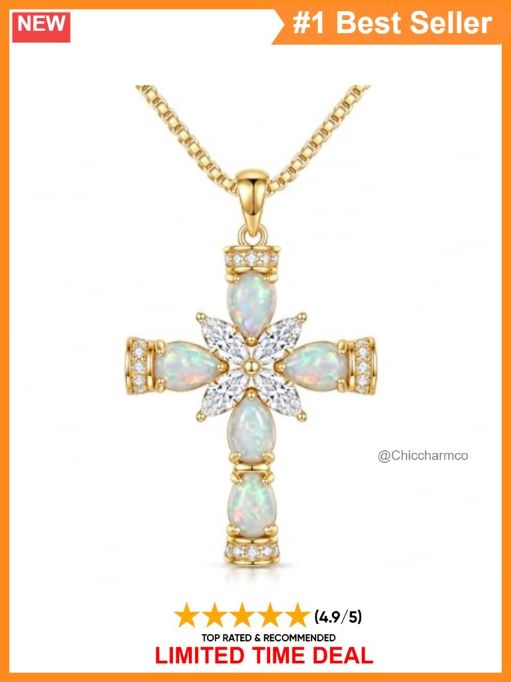 Gold Plated Opal Cross Pendant Necklace for Women Adjustable Chain